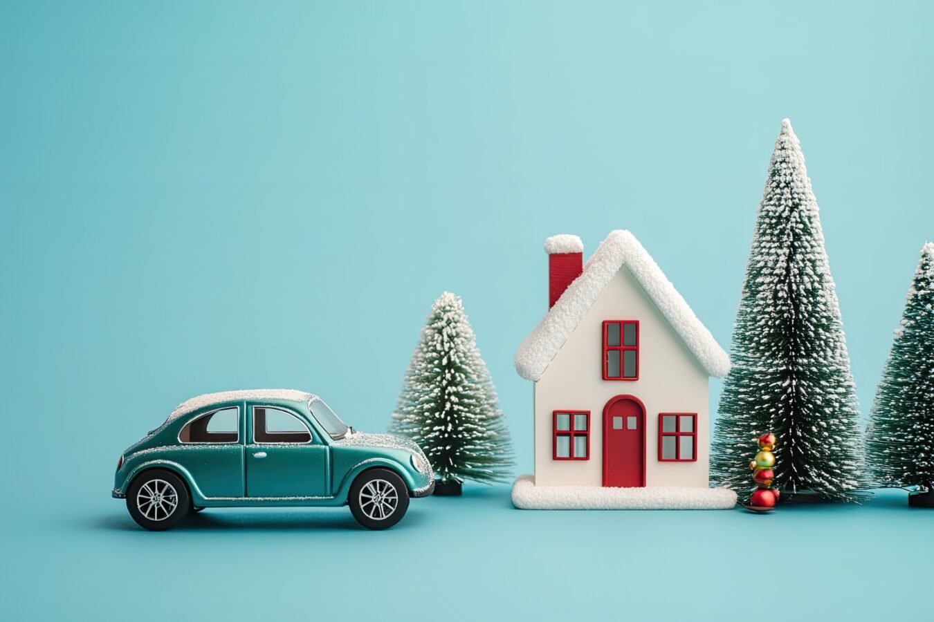 car decorative christmas tree house blue background flat lay 1 scaled e1764615362738